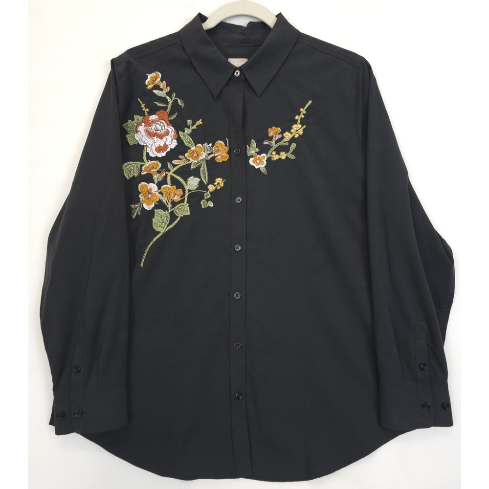 Chico's Embroidered Button Front Top Modal Blend Floral Women L Black Office